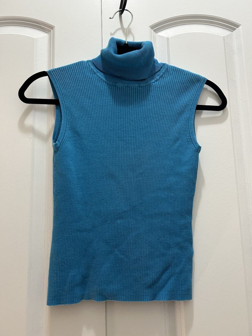 Silk Blend Teal Sleeveless Ribbed Knit Turtleneck Top Y2K Vintage Style Petite M